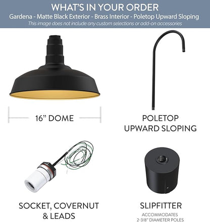 Steel Lighting Co. Gardena Barn Light | Outdoor Pole Top Mounted | 16" Dome | Upslope Gooseneck with Slip Fitter for 2-3/8" Standard Poles | Made in America | Matte Black Exterior/Brass Interior
