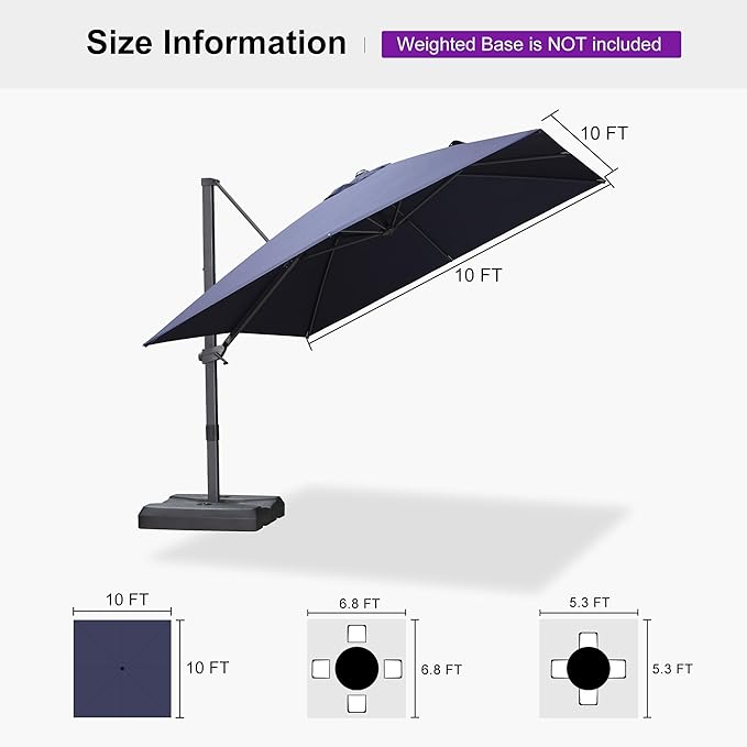 PURPLE LEAF 10' × 10' Patio Cantilever Umbrella Outdoor Square Adjustable Offset Umbrellas with 360-degree Rotation and 8 Heavy Duty Metal Ribs for Garden Deck Pool Navy Blue