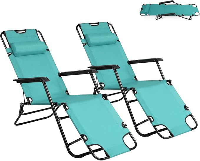 Outvita Folding Chaise Lounge Chair, Outdoor Adjustable Recliner Chair with Pillow for Camping, Beach, Poolside, Garden, Backyard, Lawn