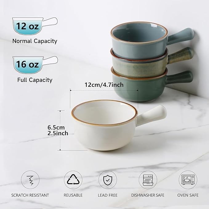 MONITO 16Oz French Onion Soup Bowls, Ceramic Soup Bowls with Handles, Stackable Soup Crocks Oven Safe for Chili, Beef Stew, Cereal,Casseroles Microwave & Dishwasher Safe, Set of 4