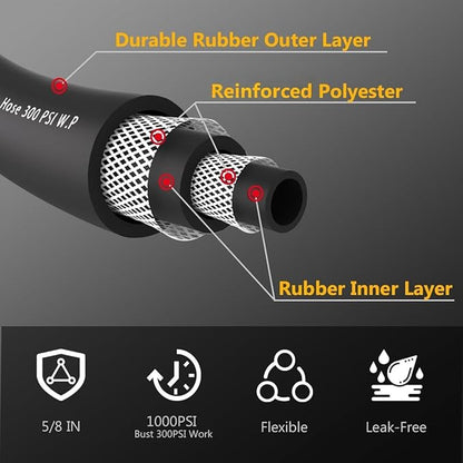 100FT 5/8 Heavy Duty Rubber Garden Hose - 200psi Working, 1000psi Burst - Hot/Cold Water - Five-Layered Braiding for Durability - Versatile for Gardening, Agriculture, Construction(Black)