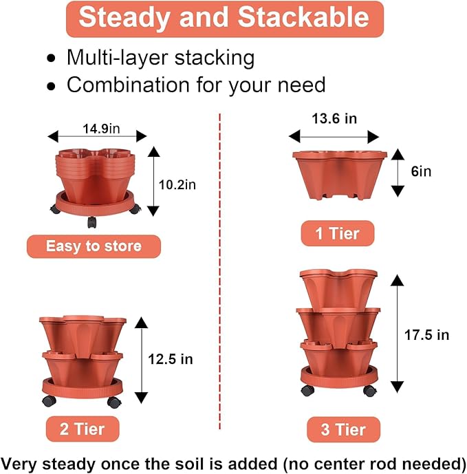 GameXcel Vertical Planter Tower- 3 Tier Stackable Garden Planter with Wheels and Tool Set – Grow Strawberries Herbs Flowers and Vegetables - Indoor Outdoor Use Red