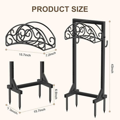 Freestanding Garden Hose Stand, Heavy Duty Water Hose Holder with Tool Hooks, 4 Anchoring Spikes, 150 ft Storage for Yard & Lawn