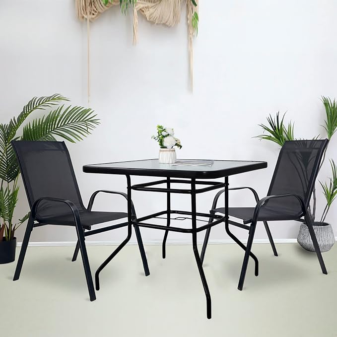 DIMAR GARDEN 32" Outdoor Coffee Table with Umbrella Hole, Patio Square Side Bistro Table with Glass Top, Black