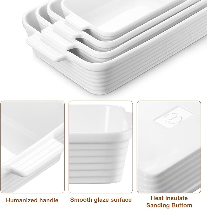 Ceramic Baking Dish Set of 4, Casserole Dishes for Oven, White | Rectangular Casserole Dishes with Handles in 3.3, 2.4, 1.6 and 0.9 QT Sizes for Lasagna, Casseroles, Sides, and Desserts