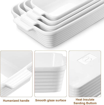 Ceramic Baking Dish Set of 4, Casserole Dishes for Oven, White | Rectangular Casserole Dishes with Handles in 3.3, 2.4, 1.6 and 0.9 QT Sizes for Lasagna, Casseroles, Sides, and Desserts