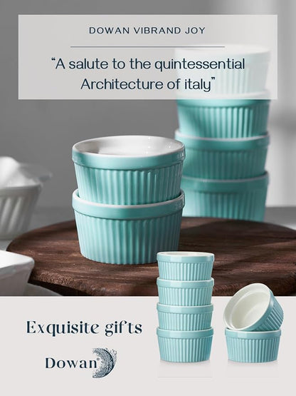DOWAN 8 oz Ramekins for Creme Brulee, Porcelain Ramekin Oven Safe, Classic Style Ramekins for Baking Souffle Dishes Small Bowls, Set of 6, Blue