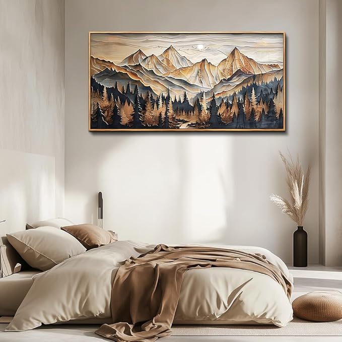 QIYILEXWART Wood Farmed Canvas Wall Art For Living Room Wall Decor For Bedroom Office Wall Decoration Mountain Landscape Painting Abstract Pictures Artwork Room Aesthetic Home Decor 20x40 In