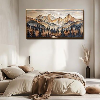 QIYILEXWART Wood Farmed Canvas Wall Art For Living Room Wall Decor For Bedroom Office Wall Decoration Mountain Landscape Painting Abstract Pictures Artwork Room Aesthetic Home Decor 20x40 In