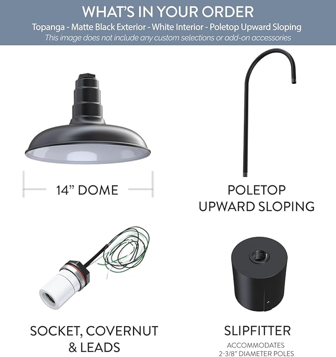 Steel Lighting Co. Topanga Barn Light | Outdoor Pole Top Mounted | 14" Dome | Upslope Gooseneck with Slip Fitter for 2-3/8" Standard Poles | Made in America | Matte Black Exterior/White Interior