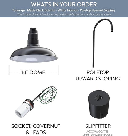 Steel Lighting Co. Topanga Barn Light | Outdoor Pole Top Mounted | 14" Dome | Upslope Gooseneck with Slip Fitter for 2-3/8" Standard Poles | Made in America | Matte Black Exterior/White Interior