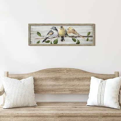 Rustic Bird Framed Wall Art: Vintage Animal Wooden Painting Abstract Colorful Cute Sparrow Picture Country Chubby Chickadee Prints Artwork Decor for Living Room Bedroom Farmhouse