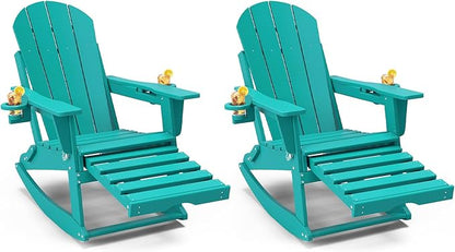 Adirondack Rocking Chairs Set of 2 with Retractable Ottoman, All Weather Folding Adirondack Chair with Two Cup Holders, Adirondack Outdoor Rocking Chairs for Porch, Patio, Balcony. Lake Blue