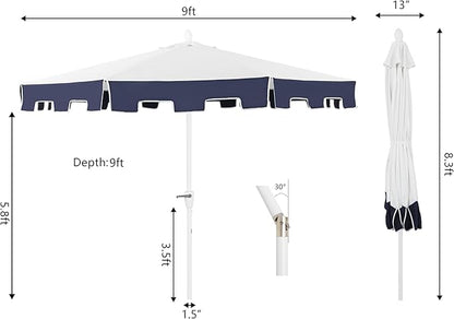 JONATHAN Y UMB1000A Baiona 9 ft. Classic MidCentury Market Patio Umbrella with UV Protection, Auto-Tilt, Crank and Wind Vent in White/Navy