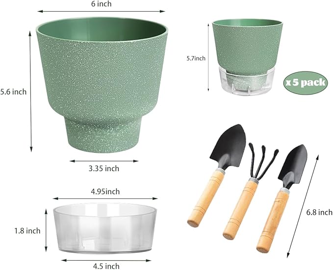 Green Self Watering Plant Pots - 6" Planters for Indoor Plants - Pack of 5 Flower Pots - Plant Pots with Drainage Hole and Tray Saucer (Frosted Dark Green)
