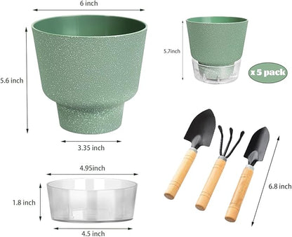 Green Self Watering Plant Pots - 6" Planters for Indoor Plants - Pack of 5 Flower Pots - Plant Pots with Drainage Hole and Tray Saucer (Frosted Dark Green)