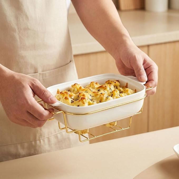 Casserole Dish with Lids 1.9 Quart Ceramic Bakeware Set with Lids and rack, 10 x 7 Lasagna Pan Deep with Lid, Rectangular Bakeware With Handle, Microwave, Dishwasher, Oven Safe, White