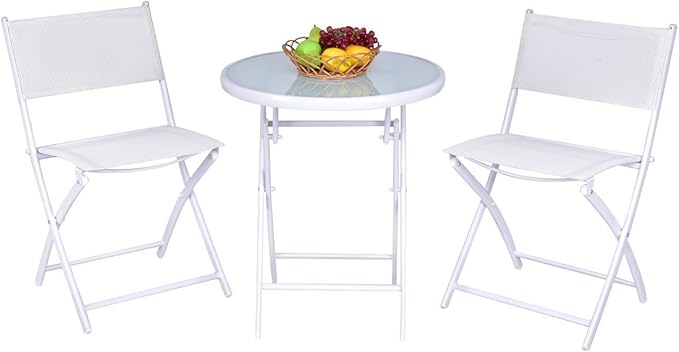 Giantex Bistro Table Set, 3 Piece Patio Bistro Set, Outdoor Folding Table and Chairs, Foldable Patio Dining Set, Porch Furniture Set Garden Backyard Metal Frame No Assembly, White