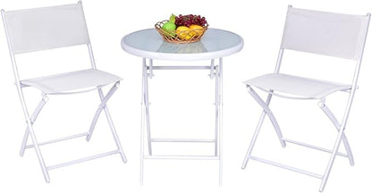 Giantex Bistro Table Set, 3 Piece Patio Bistro Set, Outdoor Folding Table and Chairs, Foldable Patio Dining Set, Porch Furniture Set Garden Backyard Metal Frame No Assembly, White