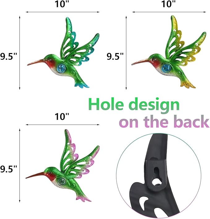 Metal Hummingbird Wall Decor, Wall Art Hanging Sculpture for Patio Fence, Set of 3, 9 Inch, Indoor Outdoor Gift for Family
