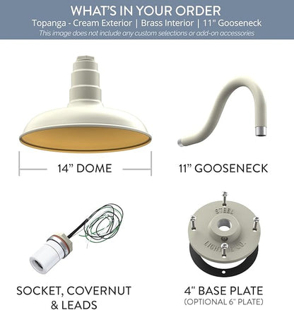 Steel Lighting Co. Topanga Barn Light | Outdoor Wall Mounted | 14 inch Dome | 11" Gooseneck | Farmhouse Garage Light Made in America | Cream Exterior/Brass Interior