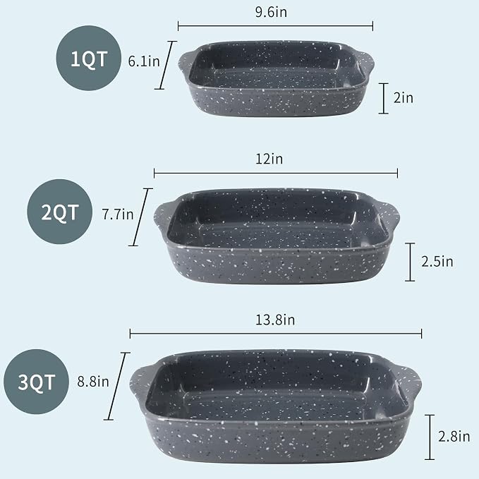 Ceramic Bakeware Dish Set of 3, Rectangular Baking Casserole for Oven,High Heat Resistant,Lasagna Pan Deep with Handles,Handcraft Speckle Series (13.8''/12''/9.6''Grey)