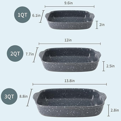 Ceramic Bakeware Dish Set of 3, Rectangular Baking Casserole for Oven,High Heat Resistant,Lasagna Pan Deep with Handles,Handcraft Speckle Series (13.8''/12''/9.6''Grey)