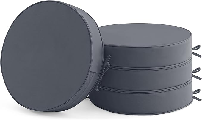Summsun Outdoor Bistro Chair Cushions Set of 4, 15" D x 3" H Round Chair Cushions Waterproof and Fade Resistant Chair Cushion Pads with Non-Slip Ties and Removable Covers for Garden, Dark Grey