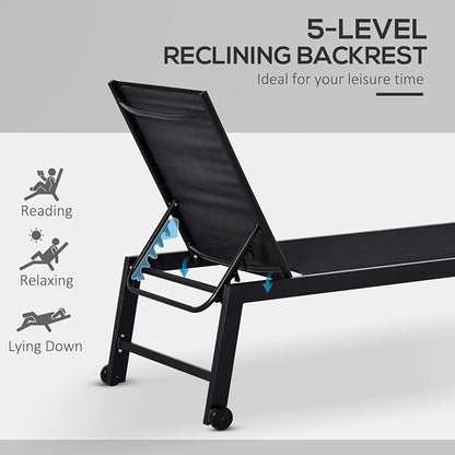 Outsunny Outdoor Chaise Lounge with Wheels, Five Position Recliner for Sunbathing, Suntanning, Steel Frame, Breathable Fabric for Beach, Yard, Patio, Black
