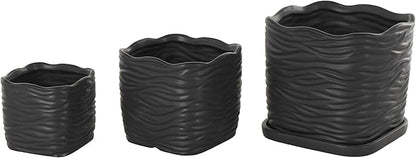 Deco 79 Ceramic Indoor Outdoor Planter Wavy Ribbed Large Planter Pot with Attached Saucer, Set of 3 Planters 7",6",5" H, Black