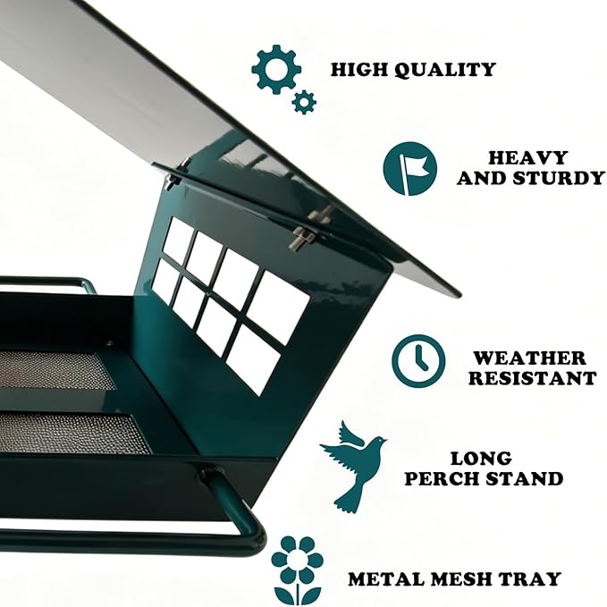 All-Metal Platform Bird Feeder for Outdoors, Dark Green Rustproof Hanging Bird Feeder with Double-Sided Long Perches, Weatherproof Wild Bird Feeder for Small Birds, Compact Garden Decor