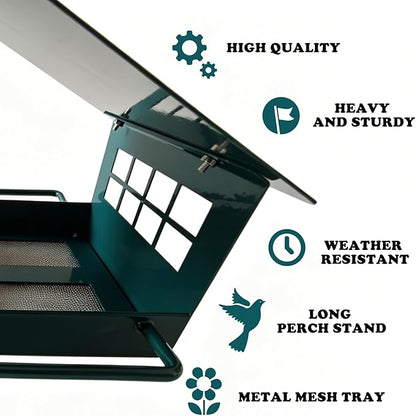 All-Metal Platform Bird Feeder for Outdoors, Dark Green Rustproof Hanging Bird Feeder with Double-Sided Long Perches, Weatherproof Wild Bird Feeder for Small Birds, Compact Garden Decor