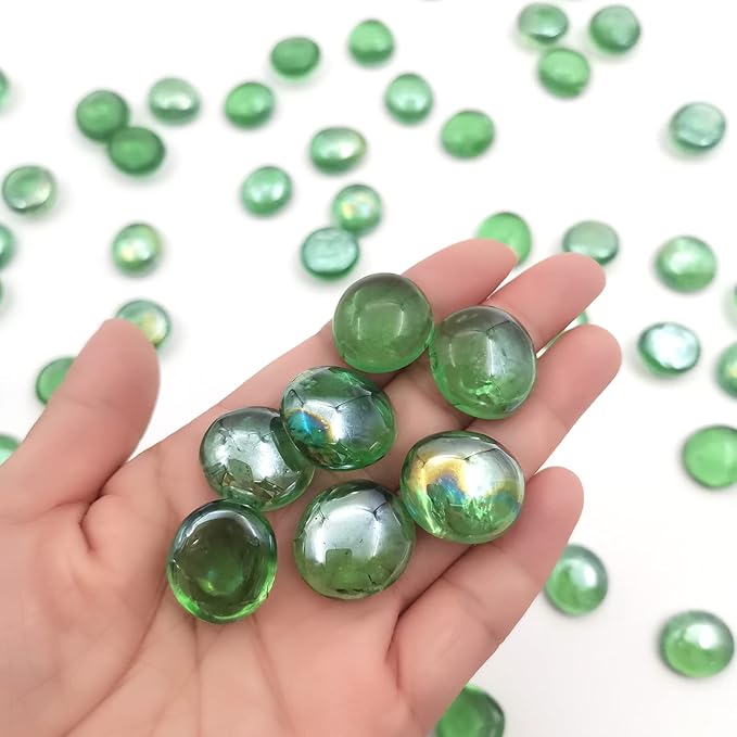 Flat Glass Marbles 1 Pound Vase Filler Fire Pit Glass Pebbles for Indoor Plants, Aquarium Fish Tank Decorations, Home Decor, Fire Pit, Landscaping, Arts Crafts (Green)
