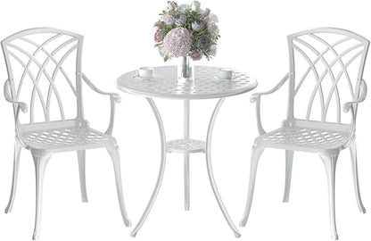 Patio Bistro Set 3 Piece, Cast Aluminum Bistro Set for 2 w/Umbrella Hole, Outdoor Table and Chairs Set of 2, Bistro Set for Balcony/Backyard/Garden, White