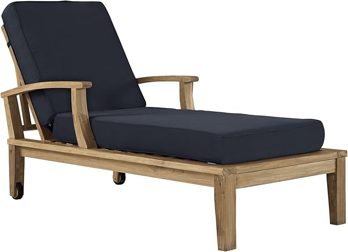 Modway Marina Premium Grade A Teak Wood Outdoor Patio Chaise Lounge Chair in Natural Navy