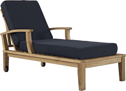 Modway Marina Premium Grade A Teak Wood Outdoor Patio Chaise Lounge Chair in Natural Navy
