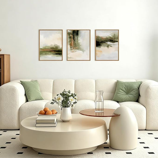 KAIRNE Green Abstract Neutral Framed Canvas Wall Art Set,Modern Watercolor Shapes Wall Decor,Minimalist Pastel Art Prints,Brown Gray Tan Artwork for Living Room,Bedroom,Farmhouse,Office-12 x16 x3