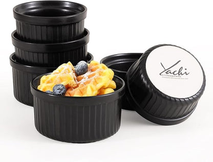 Yachi Ramekins Black, 6 oz Ceramic Set of 6 Stoneware Bakeware for Souffle Sauces Dipping Onion Soup Lava Cake Flan Creme Brulee Kit Pudding Mini Custard Oven Safe
