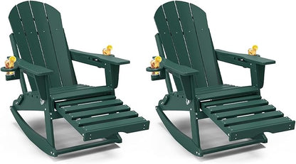 Adirondack Rocking Chairs Set of 2 with Retractable Ottoman, All Weather Folding Adirondack Chair with Two Cup Holders, Adirondack Outdoor Rocking Chairs for Porch, Patio, Balcony. Dark Green