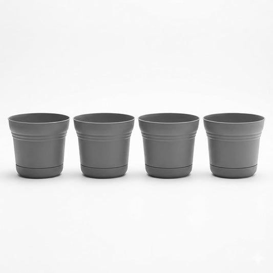 Bloem Saturn 5" Charcoal Round Resin Planter Pot with Snap-in Saucer for Indoor and Outdoor Gardening, 4-Pack