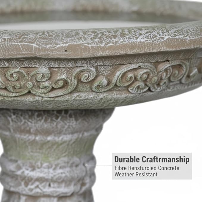 SunJet 23.8 Inch High Concrete Bird Bath with Carved Pedestal – Birdbath Sturdy & Elegant Design, Stone-Like Texture, Attracts Birds and Enhances Garden, Patio, Yard, Lawn Decor