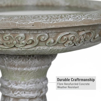 SunJet 23.8 Inch High Concrete Bird Bath with Carved Pedestal – Birdbath Sturdy & Elegant Design, Stone-Like Texture, Attracts Birds and Enhances Garden, Patio, Yard, Lawn Decor