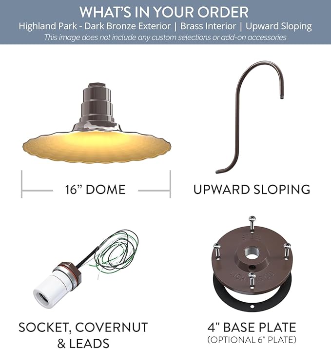 Steel Lighting Co. Highland Park Barn Light | Outdoor Wall Mounted | 16 inch Radial Wave | Upward Sloping Gooseneck | Vintage Style Made in America | Dark Bronze Exterior/Brass Interior