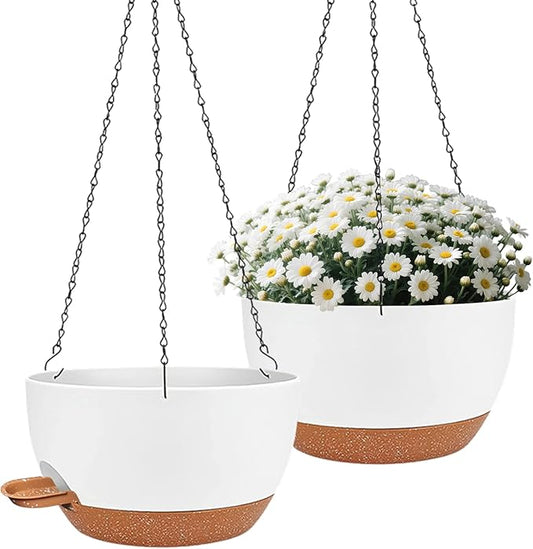 12 Inch Self Watering Hanging Planter for Indoor Outdoor Plants, 2 Pack Hanging Flower Pots with Drainage Holes and Saucers, Plastic Hanging Baskets for Kitchen, Balcony, Garden Decoration