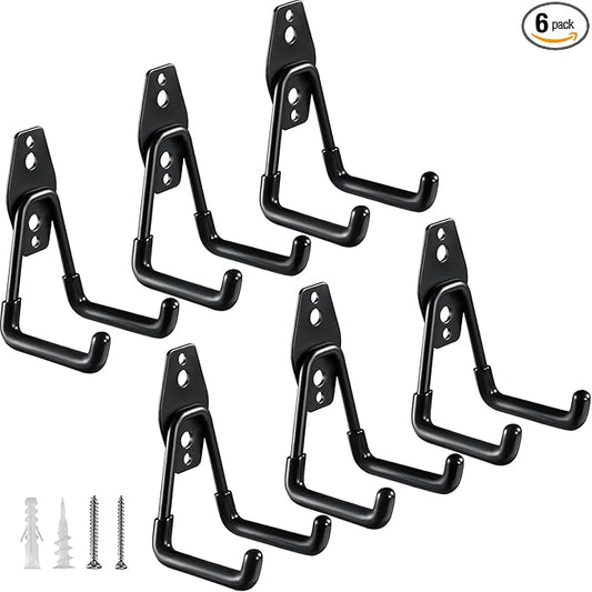 HUPBIPY Heavy Duty Garage Hooks 6 Pack, 2.8 inch Small U Shaped Hanger, Wall Mounted Storage System, Power and Garden Tool Organizer, for Hanging Ladders, Hose, Bulk Items and More