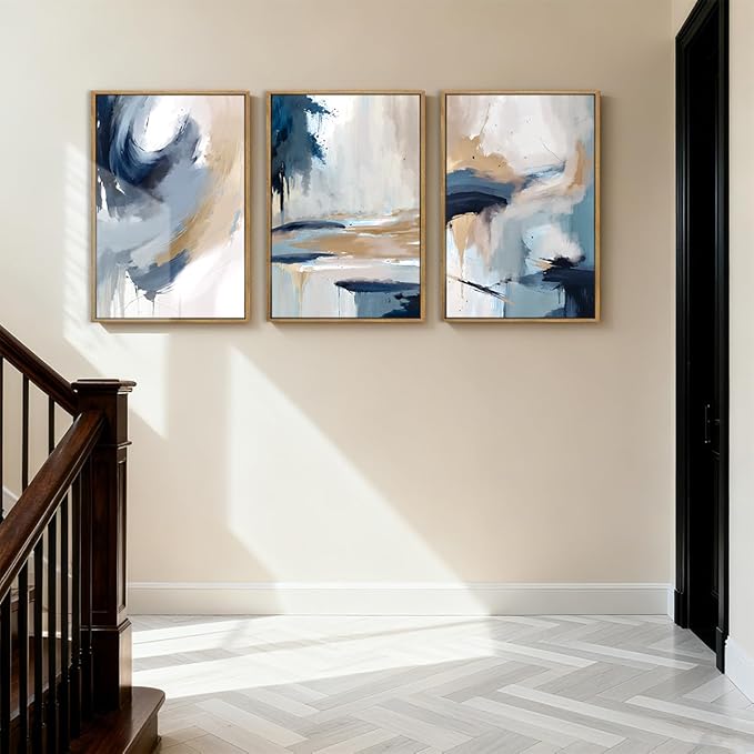Anyzal Extra Large Blue Abstract Wall Art Framed 24x36 Inch Neutral Modern Canvas Wall Decor Minimalist Pastel Artwork for Living Room Bedroom Dining room Set of 3