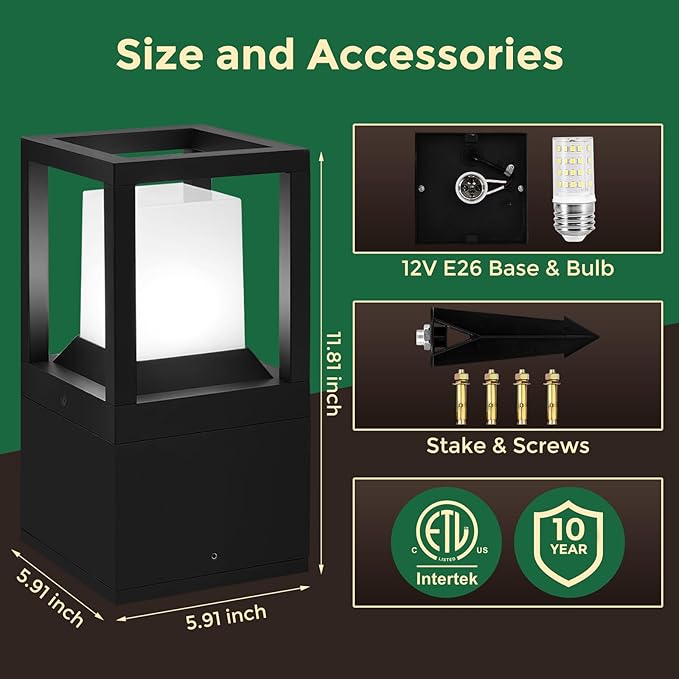 Gardencoin Landscape Bollard Light Outdoor, 12V Low Voltage LED Pathway Lighting, Modern Driveway Lanterns Wired, Aluminum Waterproof Floor Pillar Lighting, Included Bright 5000K Bulb Dimmable, 4 Pack