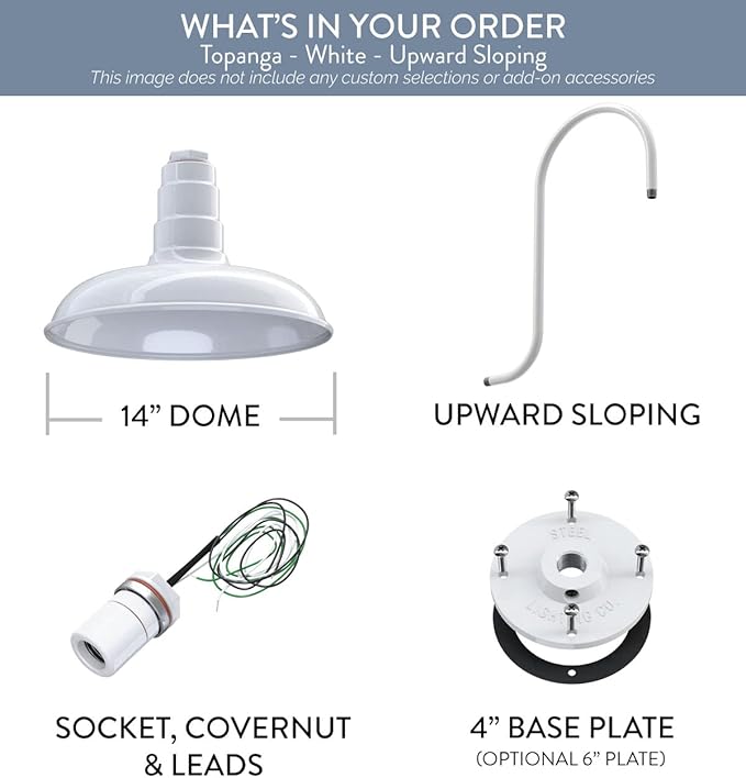 Steel Lighting Co. Topanga Barn Light | Outdoor Wall Mounted | Farmhouse Garage Light Made in America | 14 inch Dome | Upslope Gooseneck | White Exterior/White Interior