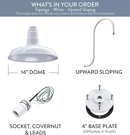 Steel Lighting Co. Topanga Barn Light | Outdoor Wall Mounted | Farmhouse Garage Light Made in America | 14 inch Dome | Upslope Gooseneck | White Exterior/White Interior