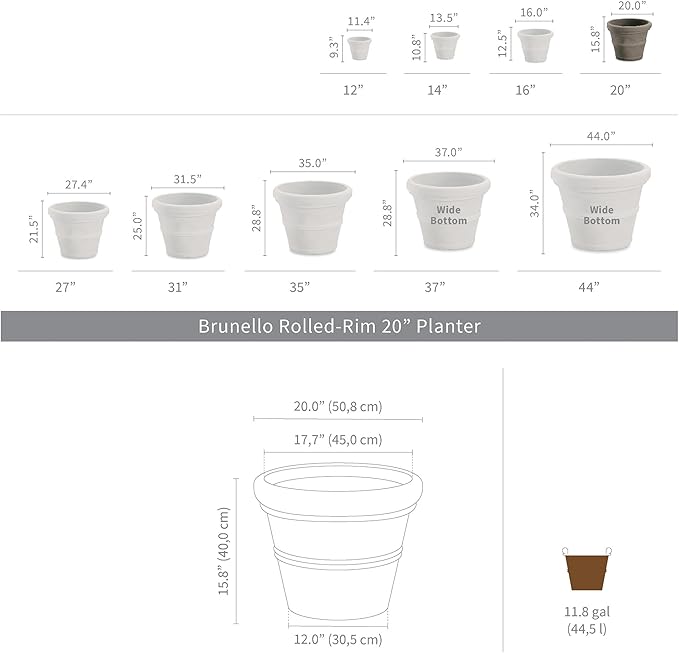 Crescent Garden Brunello Classic Rolled Rim Planter Pot, Indoor/Outdoor Plastic Round Plant Pot - Decorative Flower Pot - 20'' (Parchment)